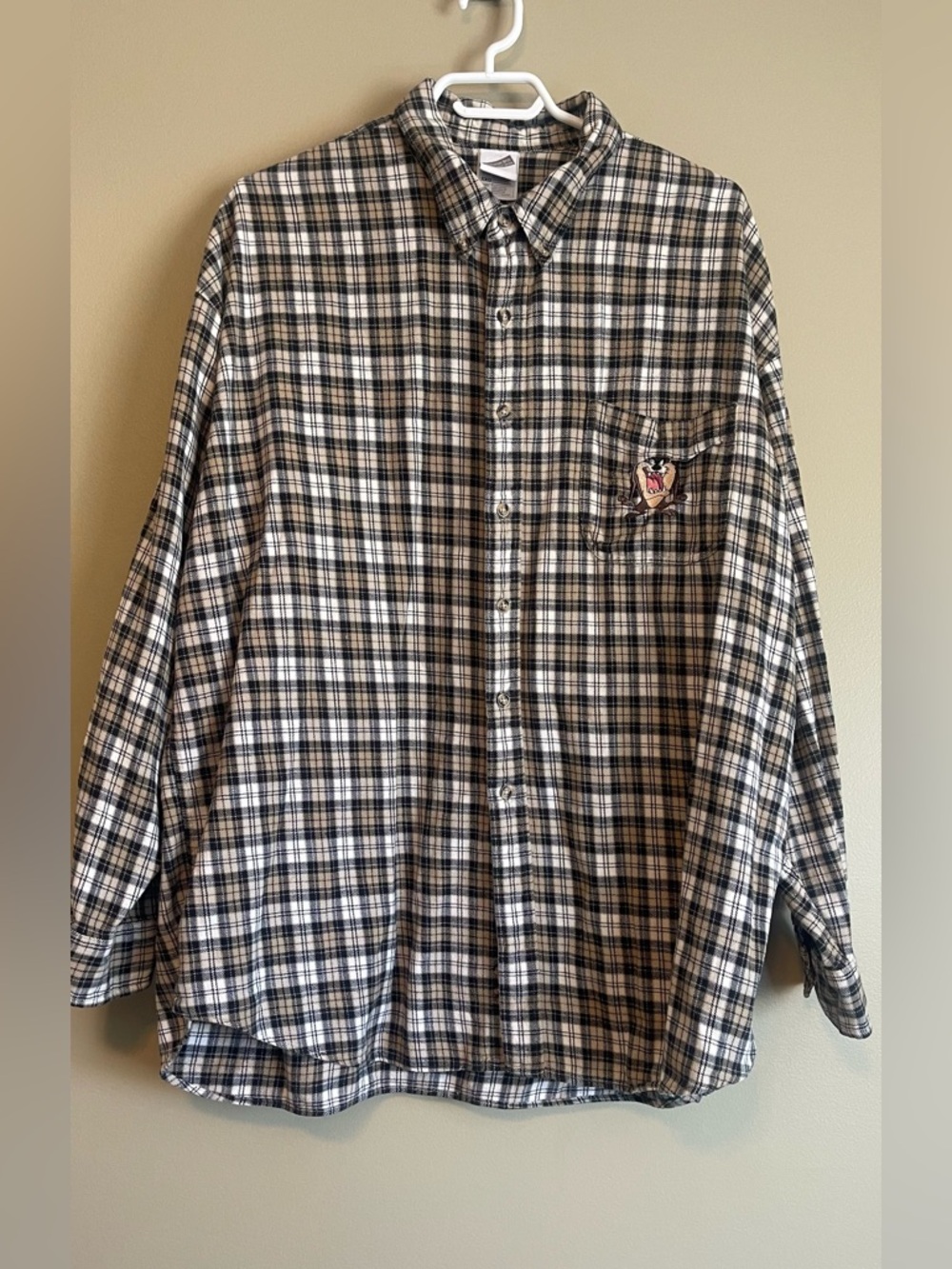 Vintage 99’ Warner Brothers Tasmanian Devil Embroidered Cotton Plaid Button Down